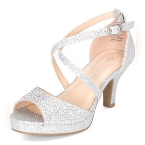 Girls Rhinestone Shiny Strappy Open Toe Shimmer Ankle Strap 2.5" Kitten Heel